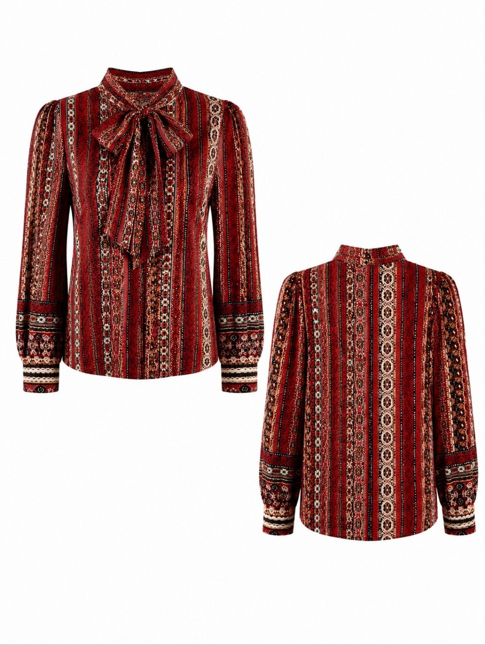 LOFT Red Boho Stripe Print |Tie Neck Blouse |XL Long Sleeve - Picture 5 of 12